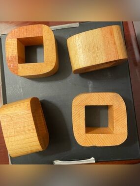 Set of 4 Wood Square Napkin Ring Holders Natural Grain